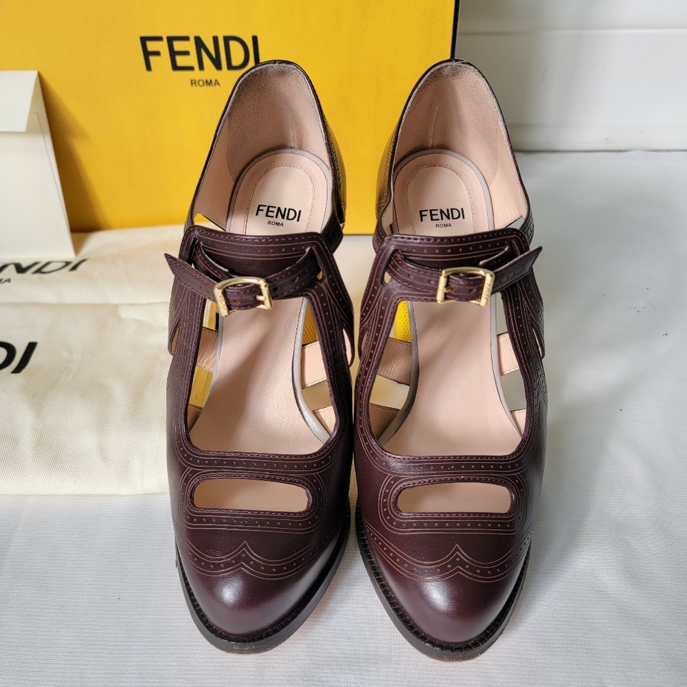 FENDI Chameleon Brown Leather Yellow Heel Mary Jane Platform Shoes - Picture 2 of 9
